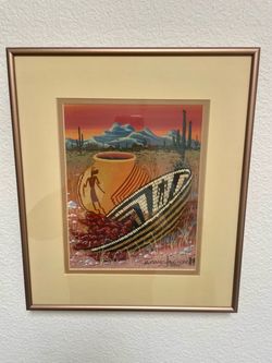 Custom Framed Michael Chiago Sr. Southwest Art (1991) – Tohono O'odham Basket & Pottery