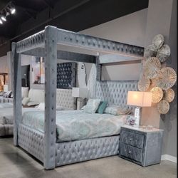 Grey Canopy Bed Frame Button Tufted 87” Tall Foundation Needed Brand New In Box Firm Price Queen $599 Eastern King $640