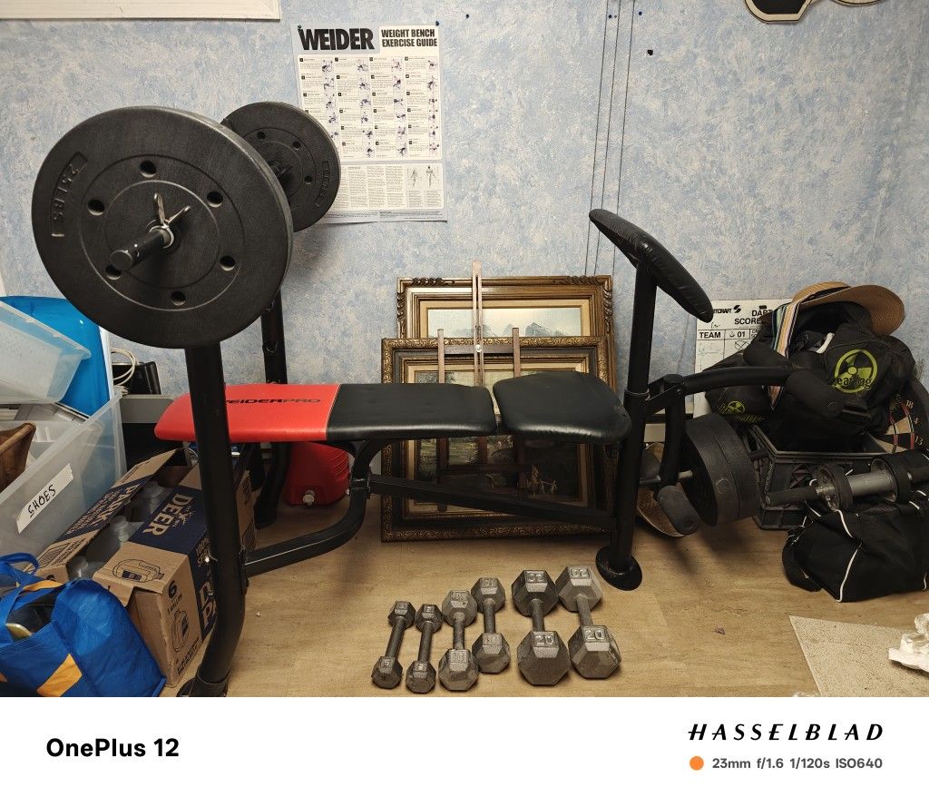 WEIDER PRO 265 Standard bench With 80lbs Vinyl Weight Set. Condion 10/10