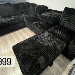 New Black Morden L- Shape Corduroy Sectional With FREE Ottoman ⭐️ Finance With $0 Down & Payments As Low As $86 ⭐️