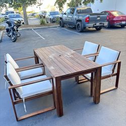 4 Chairs + 69”x33” Outdoor Patio Wooden Dining Table w/Umbrella Hole (need Minor Work)