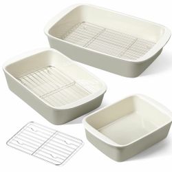 LE TAUCI Deep Casserole Dishes For Oven,  Ceramic Baking Dish Set With Roasting Racks, Large Lasagna Pans With Handles Oatmeal Greige Set Of 3