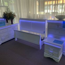 Modern 5-Piece White Sleigh Bedroom Set w/ LED Lighting