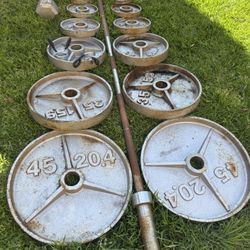 Olympic 2” Hole Weights With 7 Ft 45 Lb Barbell And Clips . Also 25 Lb ( SINGLE ) Dumbbell Included $230  Firm 