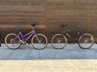 His and hers mountain bikes black trek size 20” frame 21 speed 26” tires / purple giant 17” frame 21 speed 26” tires asking $180 for both