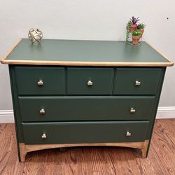 Dark Green  With Gold Knobs,  Three Drawer Dresser, Newly Refinished