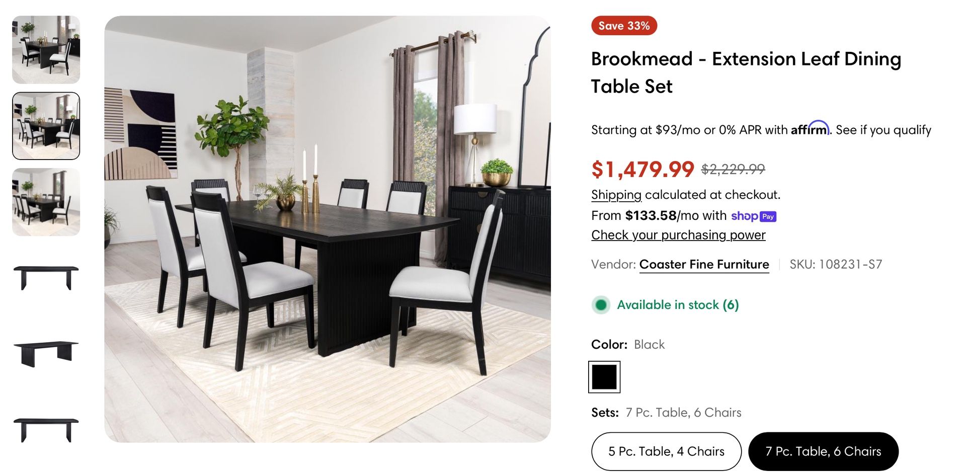 Luxury Dining Table Set With Extension Leaf By Brookmead - 7 Pieces, 6 Chairs And Table With Adjustable Extension