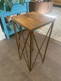 Plant Stand - Square Wood and Gold Metal Pedestal Side Table
