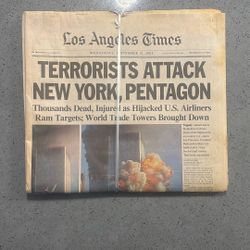 NY TIMES 9/12/2001 - Terrorists Attack New York, Pentagon