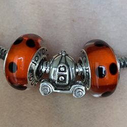 Halloween ‘s charms , 3 charms(charms only ) , sterling silver pumpkin carriage and 2 orange Murano glass charms with 925 Core, fit on Pandora
