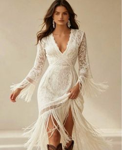 Women’s White Lace Long Sleeve Fringe Trim Wrap V Neck High Slit Western Boho Ma