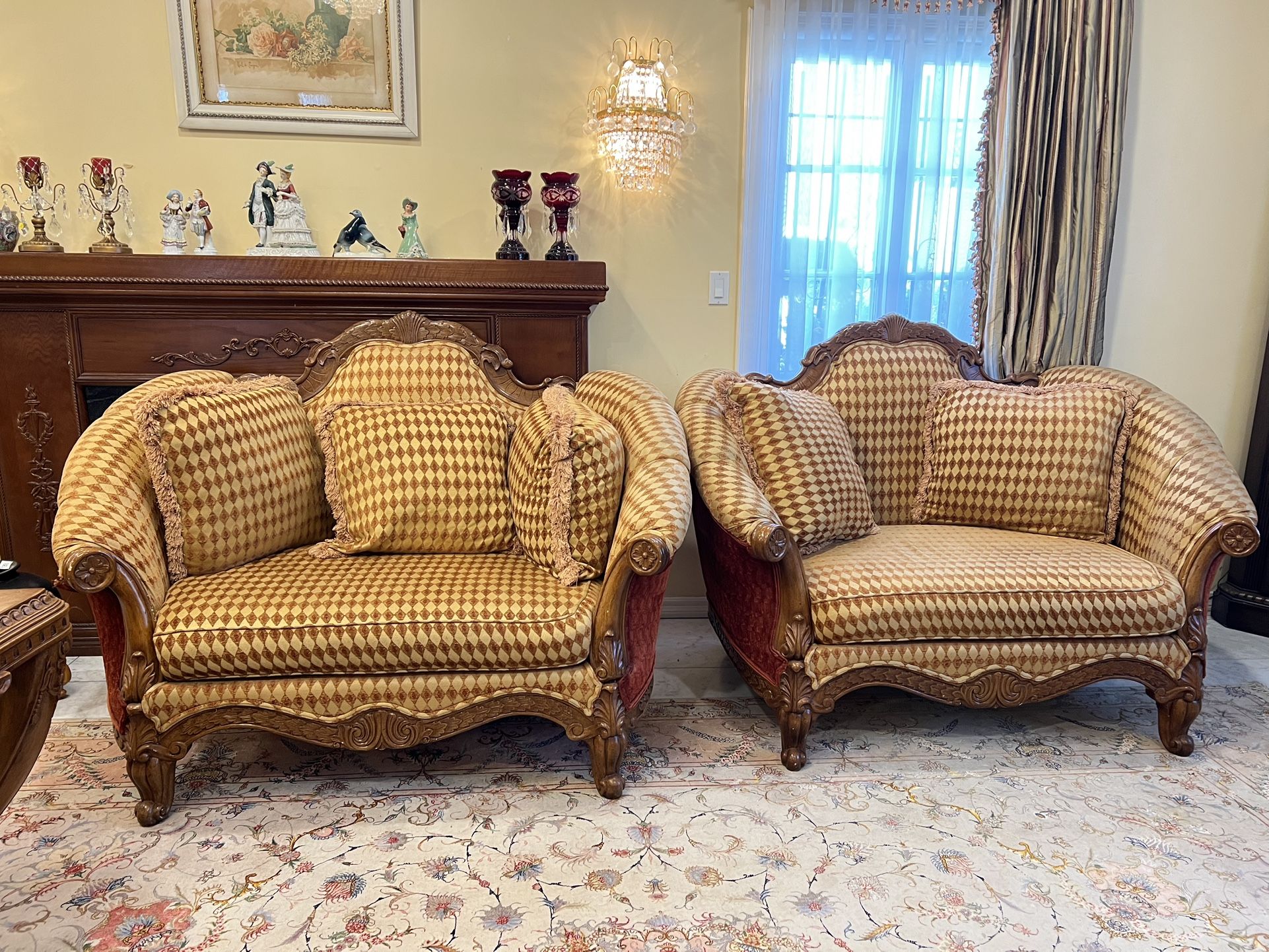 Antique Vintage Loveseat Sofa Set – Beige Wood & Terracotta Upholstery – French-Style Elegance