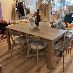 Oak Wood Large Dining Table Set With  Chairs For 6 People