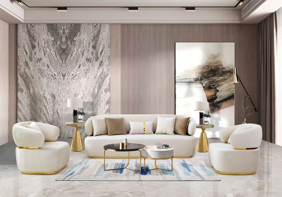 Sofa and Loveseat  White fabric, Gold trim accent, New Especial price