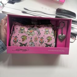Ed Hardy Pink Convertible Wristlet W/ Key Ring 