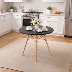 32” Black Modern Round Dining Table with MDF Desktop and Solid Wood Legs [NEW] **Assembly Req** [TABLE ONLY / CHAIRS NOT INCL.]