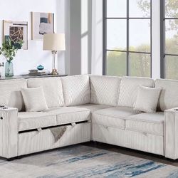 Beautiful! Sectional Sofa With  Out Bed & Storage Ivory Corduroy ✅ $519 No Tax 