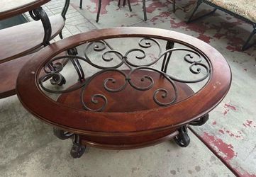 Oval Wood and Wrought Iron Coffee Table