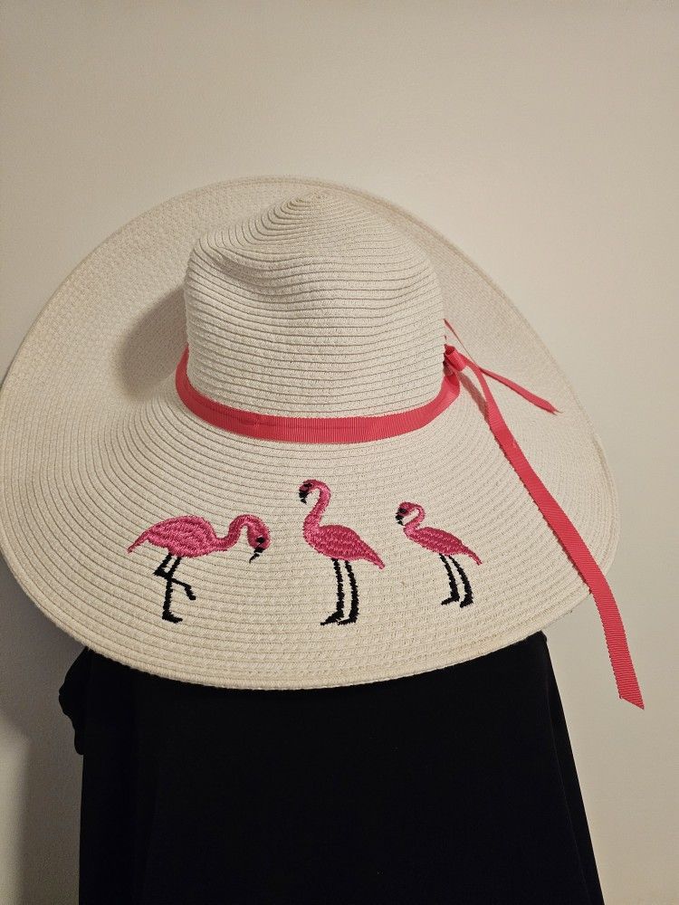 $15.00 - Straw Hat By Jacobson Hat Co. - Flamingos Design Accent!