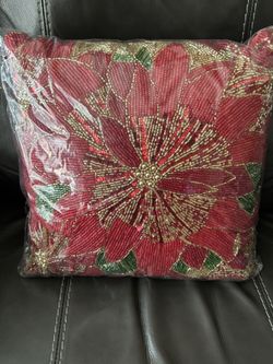 Hand Beaded Poinsettia Pillow 
