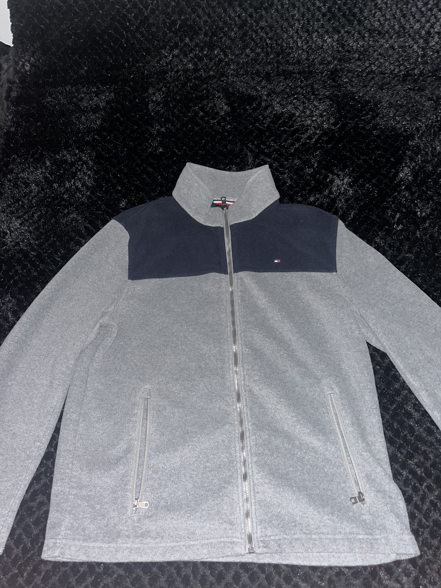 Tommy Hilfiger Full-Zip Fleece Jacket Gray Navy Color Block Logo Adult Large Unisex
