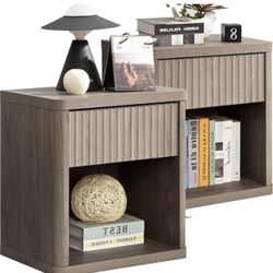 Set of 2 Nightstands with Drawer Storage Fluted Bed Side Table End Table Large Modern Wide Bedside S