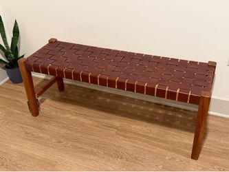 Handcrafted Wooden Bench with Woven Leather Seat – Indonesian Design