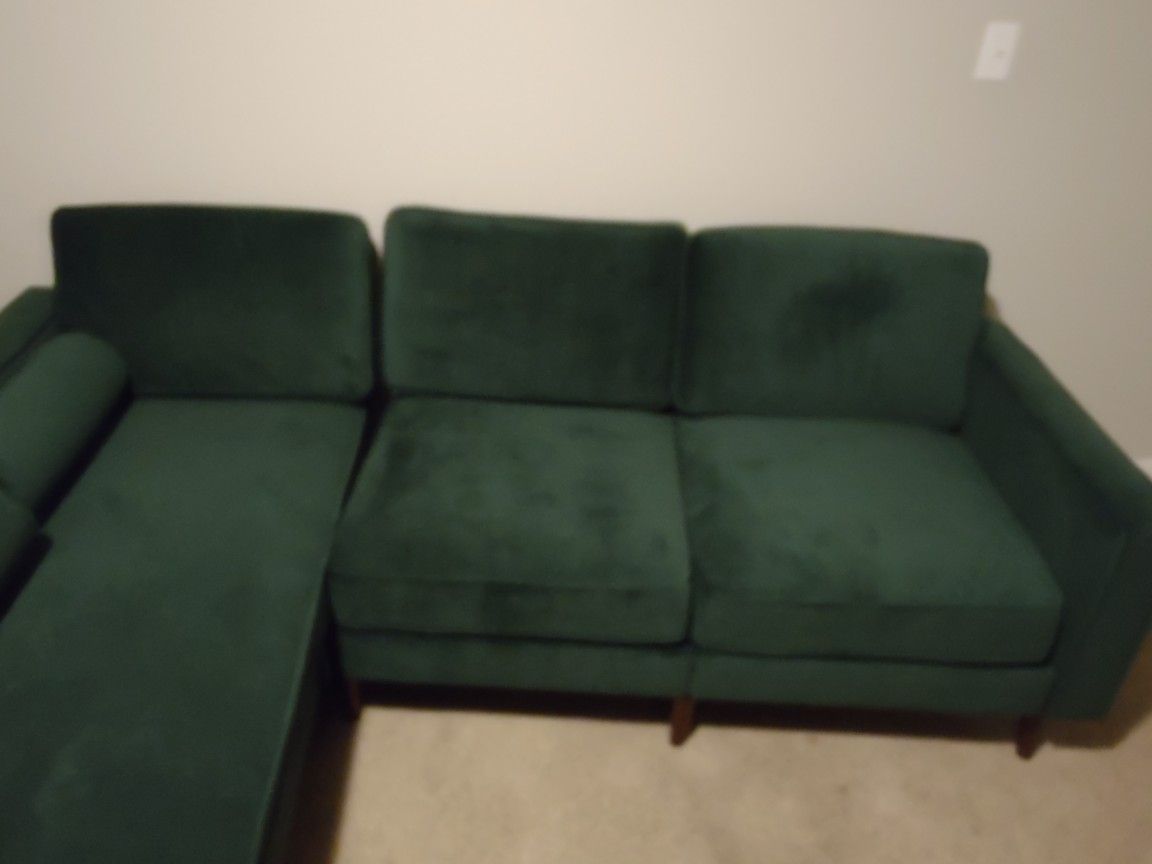 Nomad Velvet Sofa with Chaise Jade Velvet, Walnut NVSC-JD-3-MD-DW, Like New, Excellent Condition