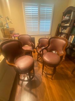 Set of 4 Leather Bar Stools with Wood Frame