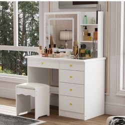 White Vanity Desk with Mirror and Stool