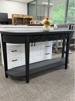 59.2" Console Table with 2 Black Carved Drawers, Mid Century Entryway Table with Storage Shelf, 2-Tier Narrow Wood Accent Sofa Table Behind The Couch 