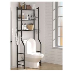 3-Tier Over The Toilet Storage, Space Saver Metal Bathroom Shelves, Freestanding Above Over Toilet Storage Shelf with 4 Hooks for Bathroom, Black