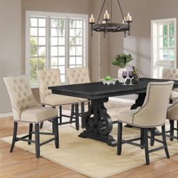 -Counter Height Dining Table + 6 Beige Tufted High Chairs