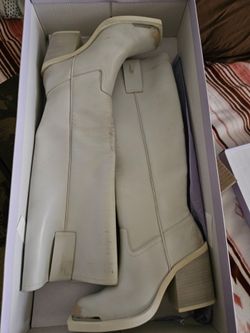 Cream Leather Knee-High Block Heel Boots