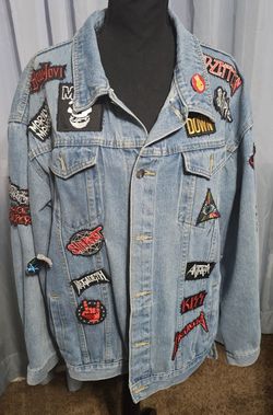 Men's Custom Denim Jacket With Metal Band Patches - Size XL