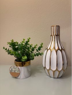 White & Gold Decorative Vase + Faux Plant Set