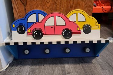 Kids Car Themed Wall Shelf with Coat Hooks