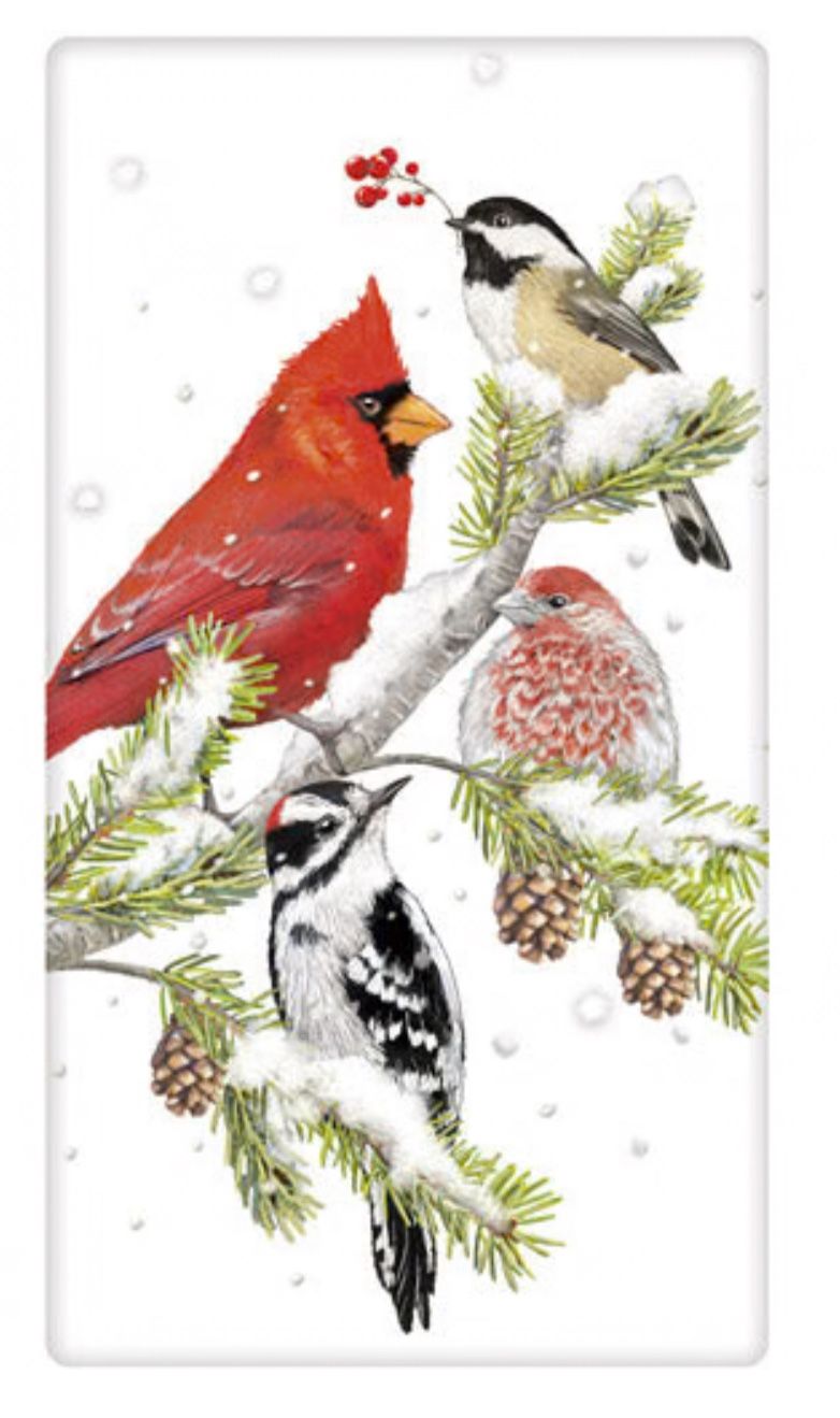 Flour Sack Kitchen Dish Towel Winter Branch Birds Mary Lake - Thompson New