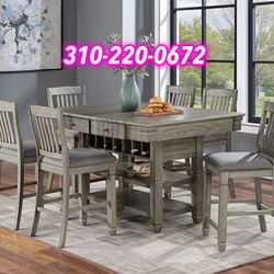 GRAY FINISH 7 PIECE COUNTER HEIGHT DINING TABLE SET DRAWERS STORAGE
