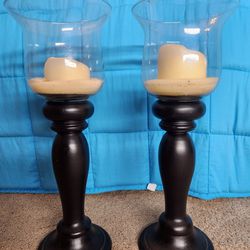 Pair Black Wood Pillar Candle Holders w/ Glass Globes