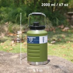 2L 304 Stainless Steel Double-Wall Vacuum Insulated Water Bottle, Wide Mouth, Lid, Leak-Proof, Portable Handle, Keeps Drinks Hot & Cold for 