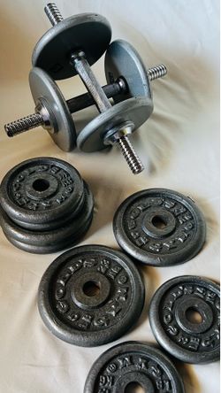 Vintage Gold’s Gym Cast Iron Dumbbell Set — 14” Bars, 1” Threaded, ~76 lbs Total