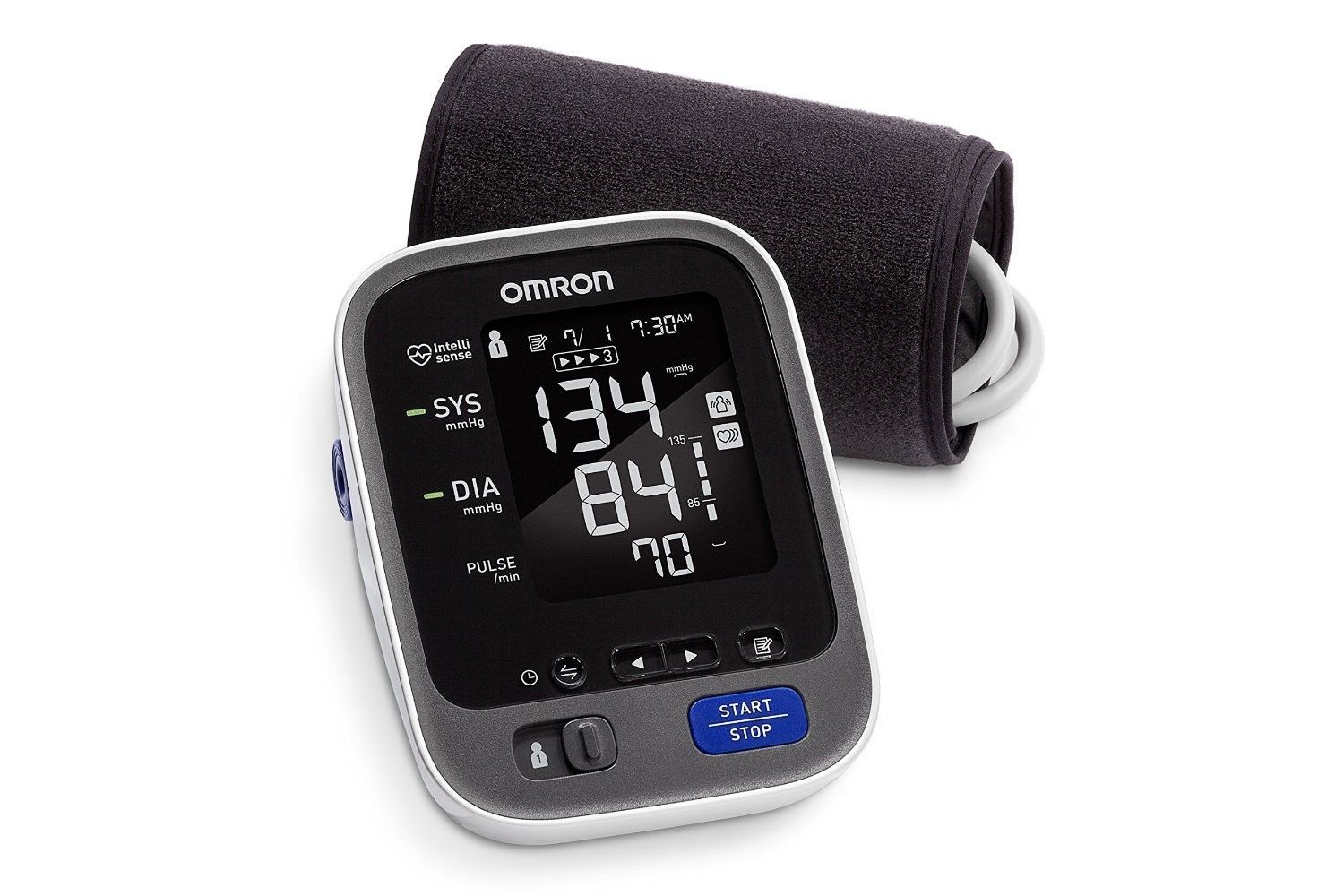Omron BP786N Blood Pressure Monitor. Comes with monitor, cuff, 120 Volt power supply, 4 AA batteries, clear zippered bag.