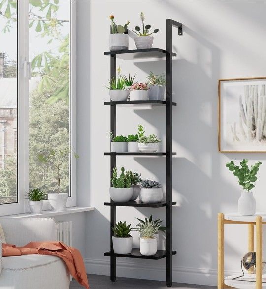 5 Tiers Narrow Ladder Bookcase, Industrial Wall Mounted Bookshelf, Open Display Rack with Metal Frame, Wooden Storage Shelves for Bedroom, Home Office