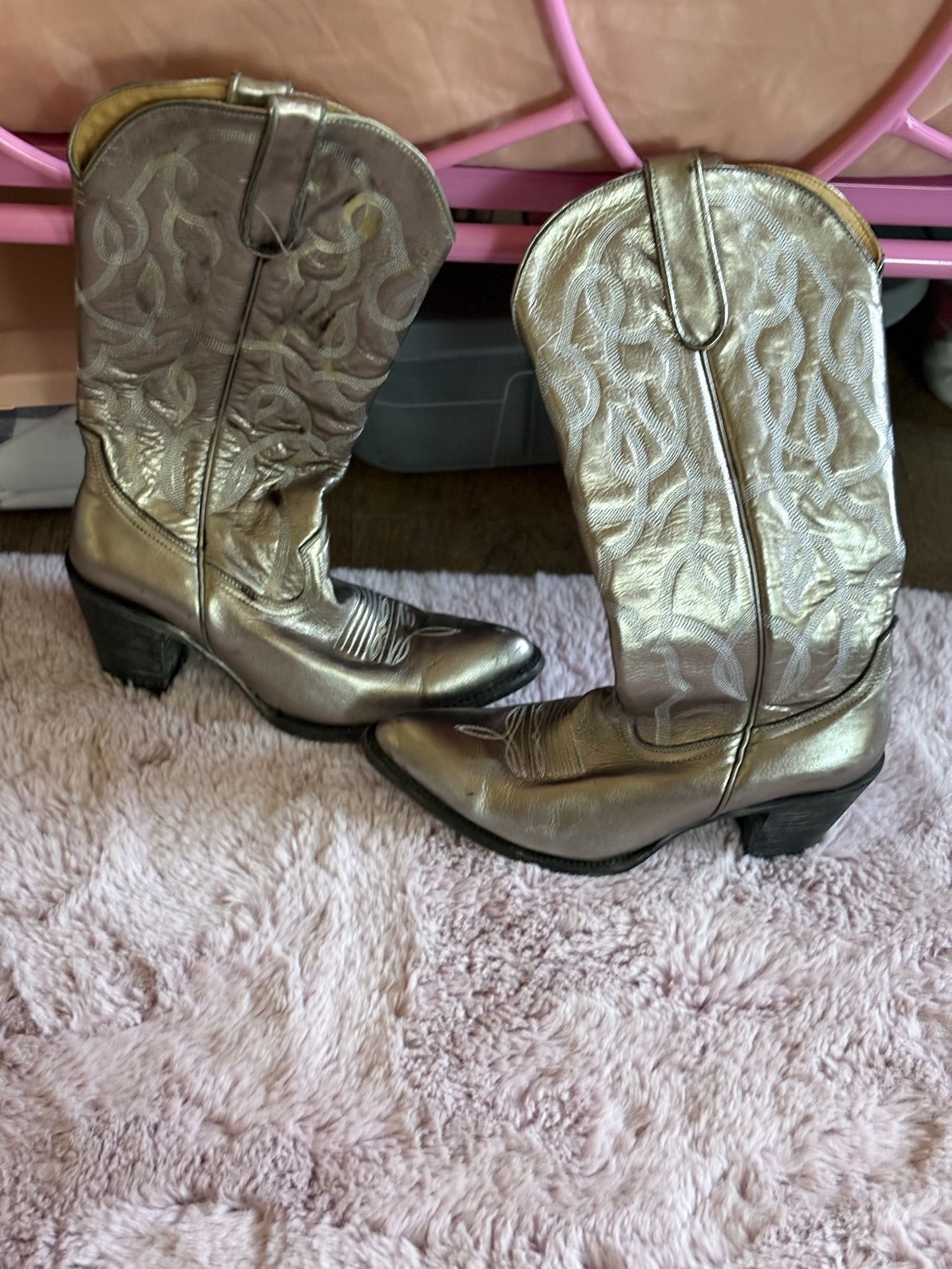 Shiny Silver Cowgirl Boots With Belt