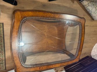 Vintage Wood Coffee Table with Glass Top