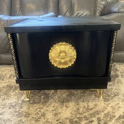 Vintage Black Storage Chest with Gold Ornate Accent and Hairpin Legs Chinoiserie Victorian Style