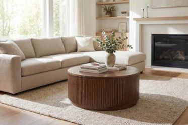 New 40" W Round Wood Drum Coffee Table With Storage