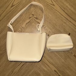 White/Ivory Pebbled Leather Tote + Matching Pouch (LIGHTLY USED)
