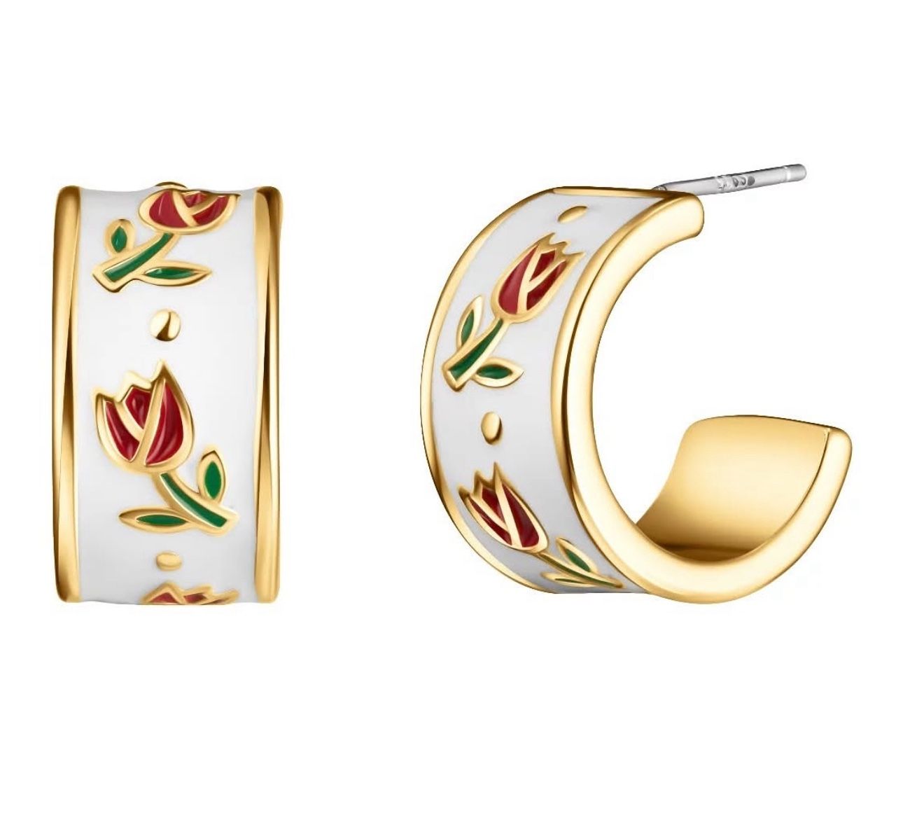 New Enamel Flower Hoop Earrings Wide C Shape Open hook Circle Tulip Flower